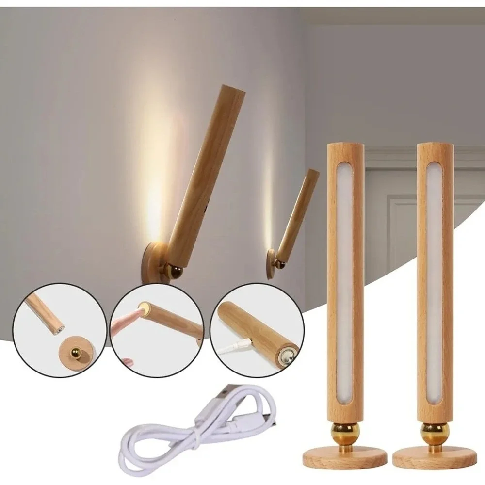 360° Rotatable Wooden Led Wall Lamp Magnetic USB Rechargeable